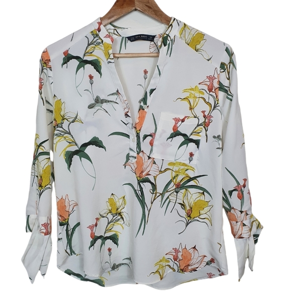 Zara Tops - Zara basic floral blouse long sleeve with ties size M. White
